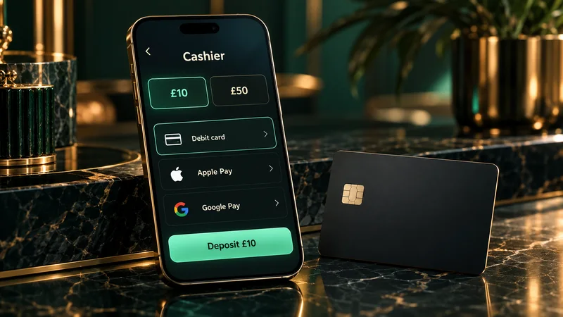 Phone cashier screen offering debit card, Apple Pay and Google Pay deposits in pounds