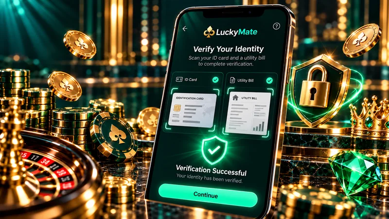 Photo ID card and a utility bill beside a smartphone scanning a document, with a shield symbol