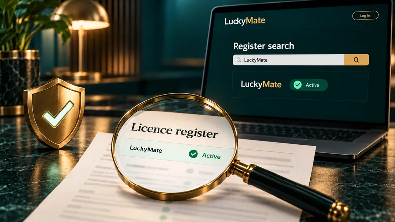 Magnifying glass over a register document with a shield and tick, illustrating checks on LuckyMate's licence and security claims