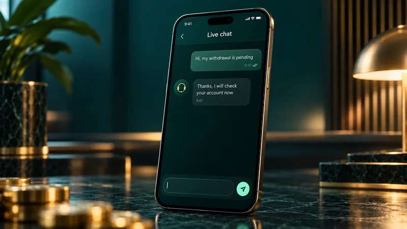 Phone showing a LuckyMate live chat in which a player asks about a pending withdrawal
