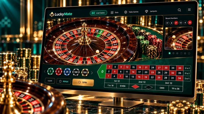 Live roulette wheel and dealer table on a screen in gold and teal tones