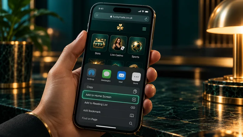 Hand holding a phone on luckymate.co.uk with Add to Home Screen selected in the browser menu