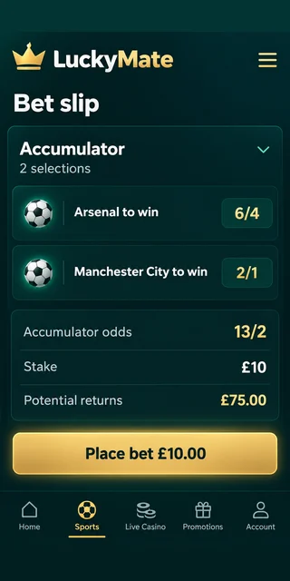 Vertical phone screen of a sports bet slip holding several football selections
