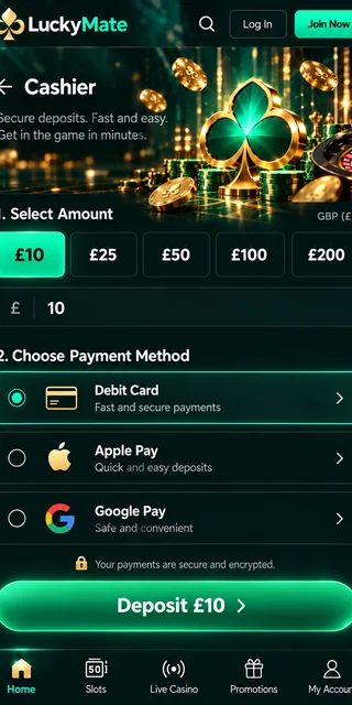 Vertical phone screen of a casino cashier with card and mobile wallet payment choices