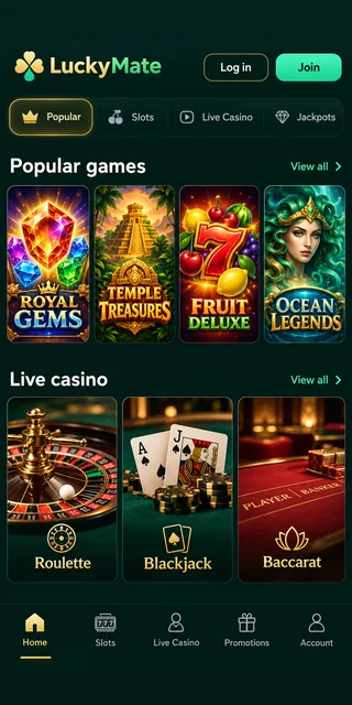 Vertical phone screen of a dark teal casino lobby with rows of slot game tiles
