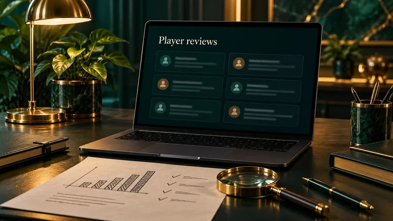 An editor’s desk with a laptop of player review cards, a printed bar chart and a brass magnifying glass