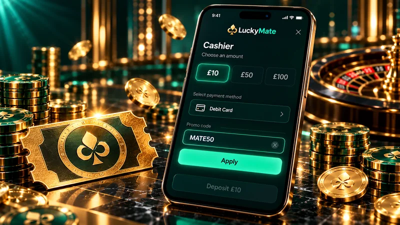 Casino cashier screen with an empty promo code field and a highlighted code chip on a dark teal background