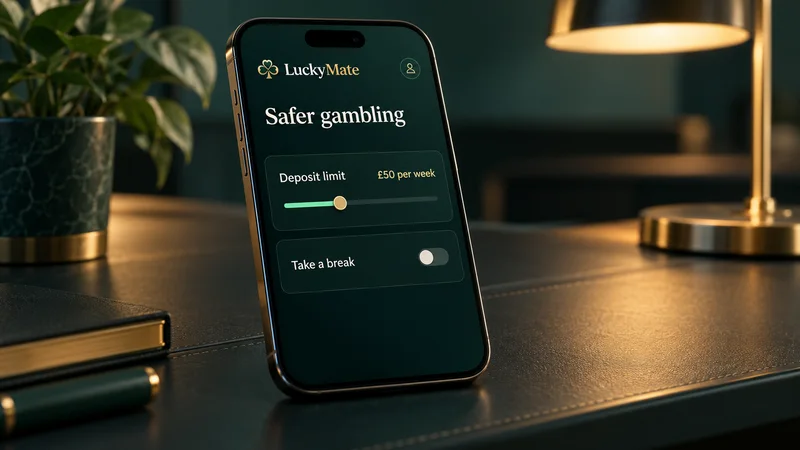Phone settings screen with a weekly deposit limit slider and a take-a-break switch in calm colours
