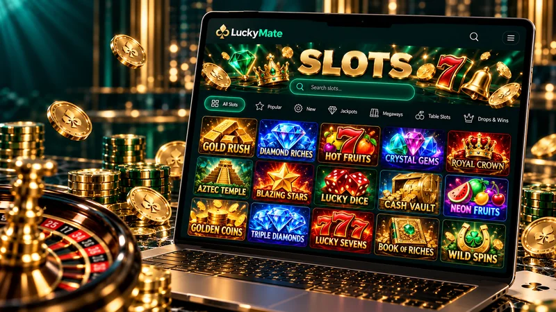 Rows of slot tiles on a laptop screen, arranged by category like an online casino lobby