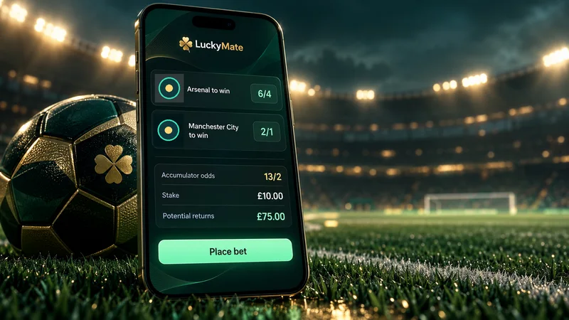 Phone showing a football accumulator bet slip over an abstract green pitch