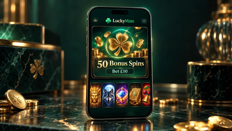 Phone with a dark teal casino lobby showing a 50 bonus spins welcome card and gold coins